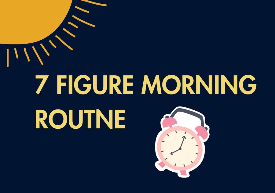 Dark navy title card for a seven figure morning routine, with a rising sun drawn across the top corner and an alarm clock.