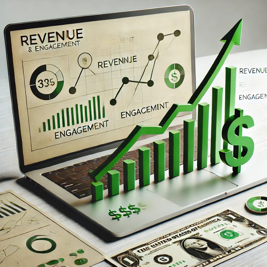 Illustration of a laptop showing a revenue and engagement dashboard, with a rising green bar chart and banknotes on the desk.