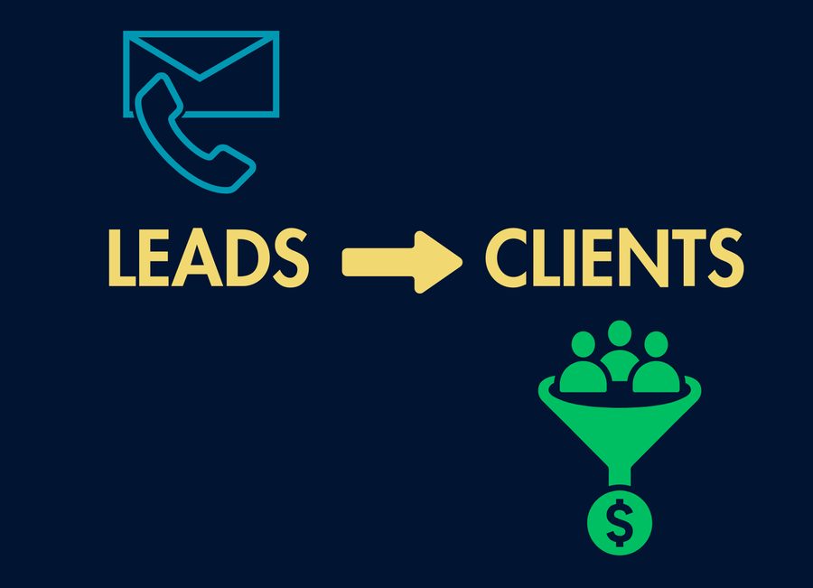Dark navy title card reading leads, arrow, clients, with an envelope and phone icon above a funnel dropping people and a dollar coin.