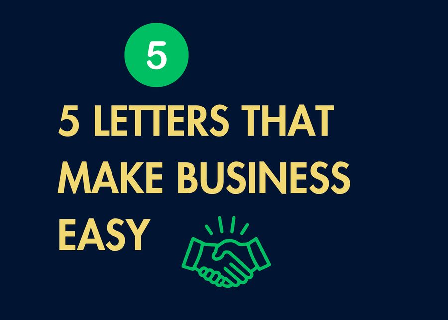 Dark navy title card reading five letters that make business easy, with a green circled number five and a handshake.