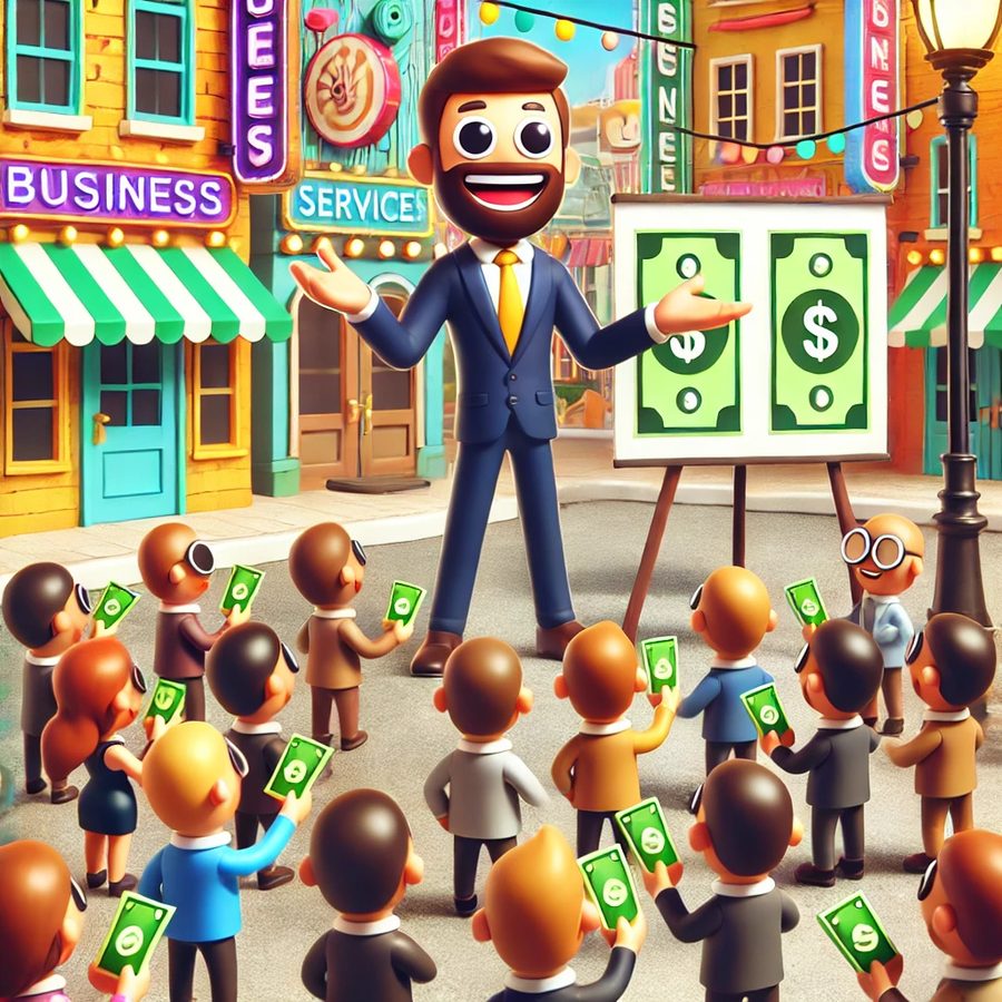 Illustration of a man in a suit presenting a money chart to a crowd holding cash on a street of shopfronts.