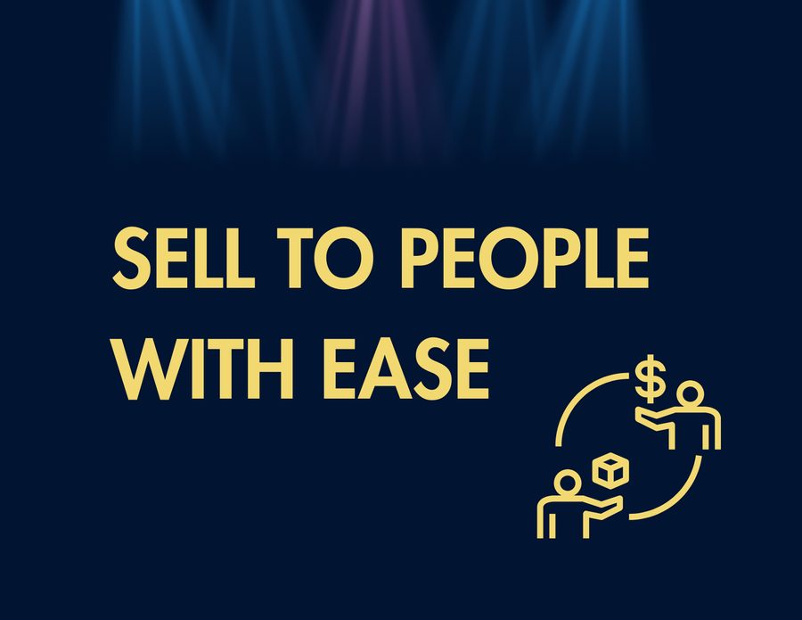 Title card reading sell to people with ease, over stage lights, beside two figures handing money across.